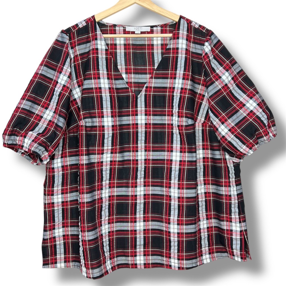 LOFT Plus Women's 18 Red Black Tartan Plaid Blouse Tunic Top Holiday Festive